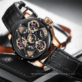 MINI FOCUS 0249 G Top Brand Leather Strap Men Watches Stereo Carving Hollow Dial Gear Gyro Rotating Wheels Dial Men Watch